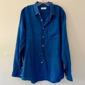Uniqlo Mens Linen Blue Casual Dress Shirt Left Pocket button front Size Large